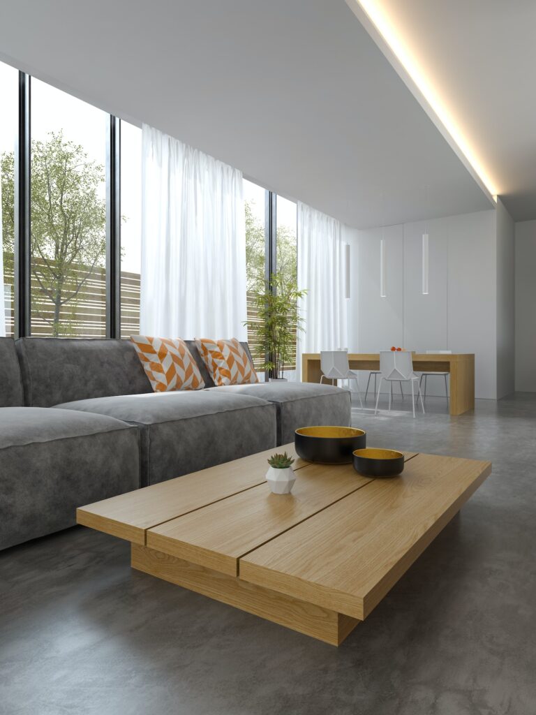 Interior of modern living room with sofa and furniture 3D rendering